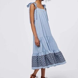 Rebecca Minkoff 100% Cotton Lucy Embroidered Midi Dress Chambray Floral Boho LG